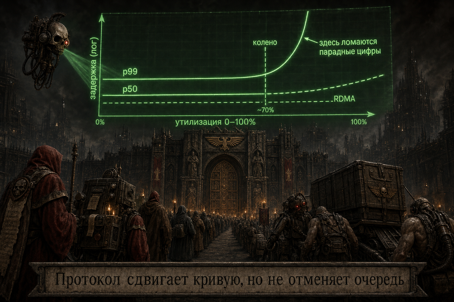 Колено кривой задержки: после ~70% утилизации p50 и p99 расходятся нелинейно